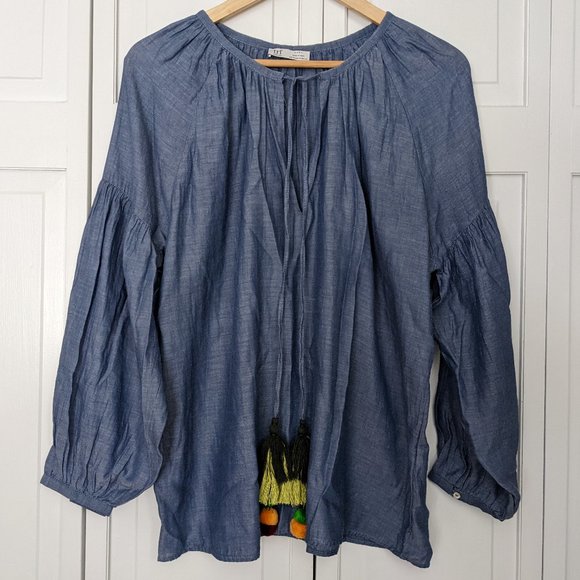 NWOT ZARA Oversize Chambray Top w/ Tassels & Balloon Sleeves, Size XS - Picture 2 of 10